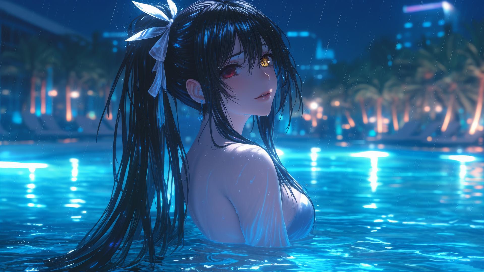 Kurumi Tokisaki in a rainy swimming pool with moonlight glow, red and yellow eyes, white dress.