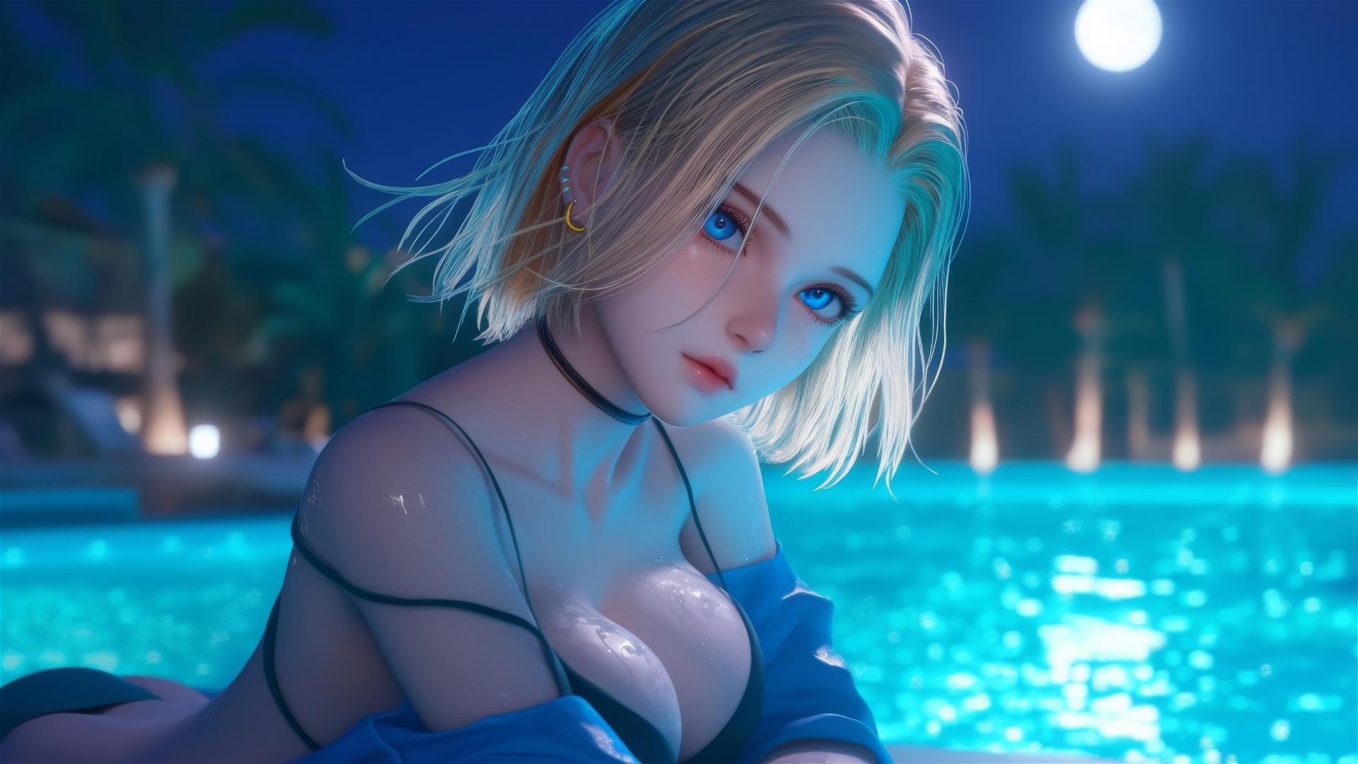 Android 18 from Dragon Ball relaxing near a rainy swimming pool illuminated by moonlight