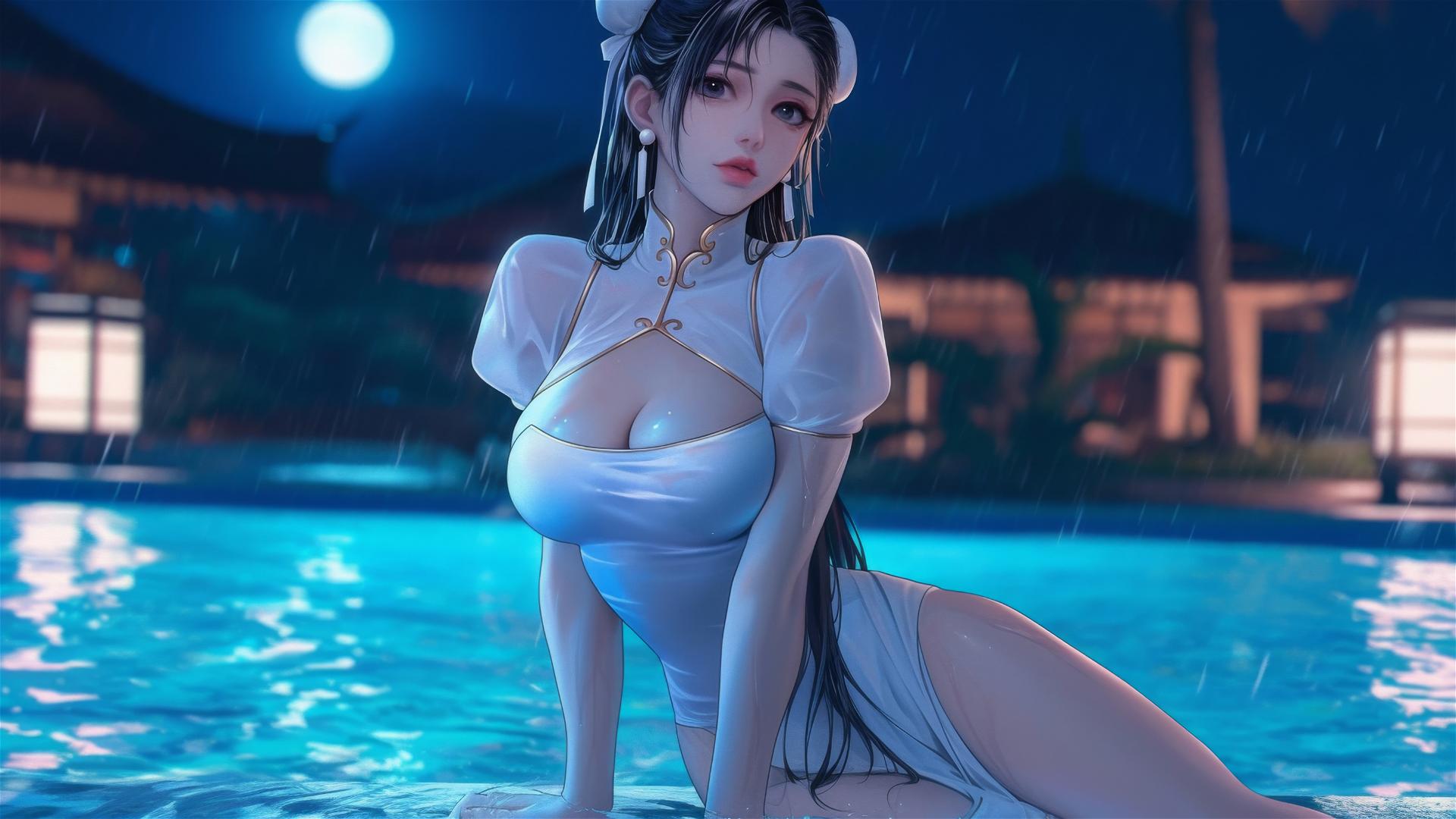 Chun Li in a white dress resting by a rainy swimming pool under moonlight.
