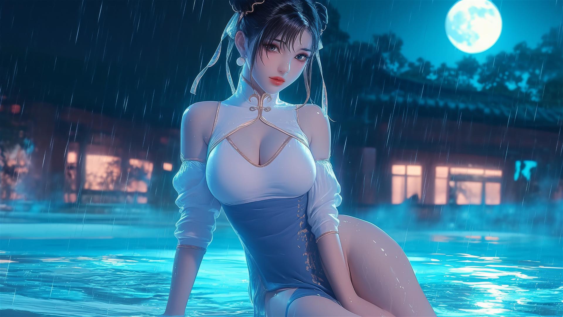 Chun Li in a white dress relaxing by a rainy swimming pool under moonlight.