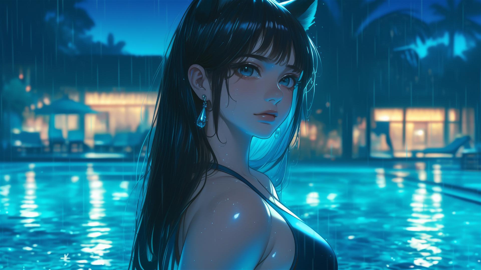 Cat girl leisurely resting at rainy swimming pool under moonlight.