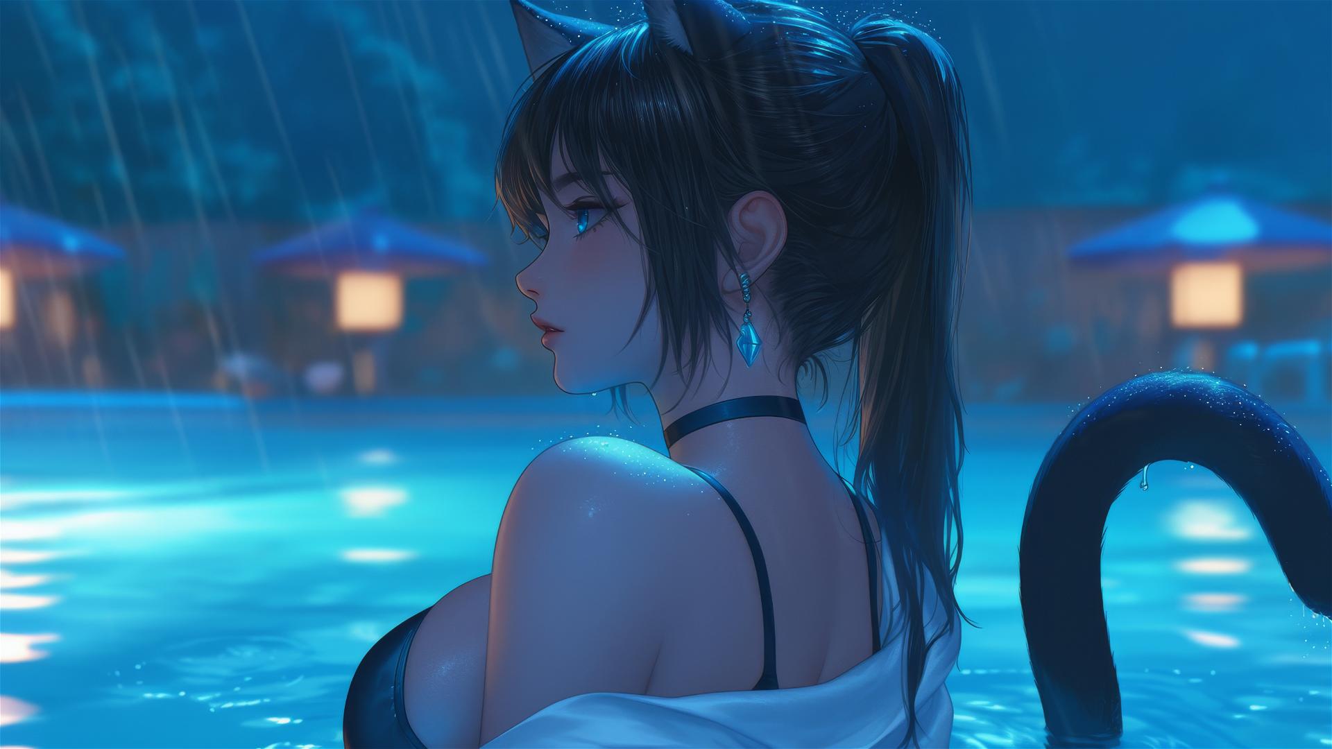 Cat girl resting by the rainy pool in moonlight