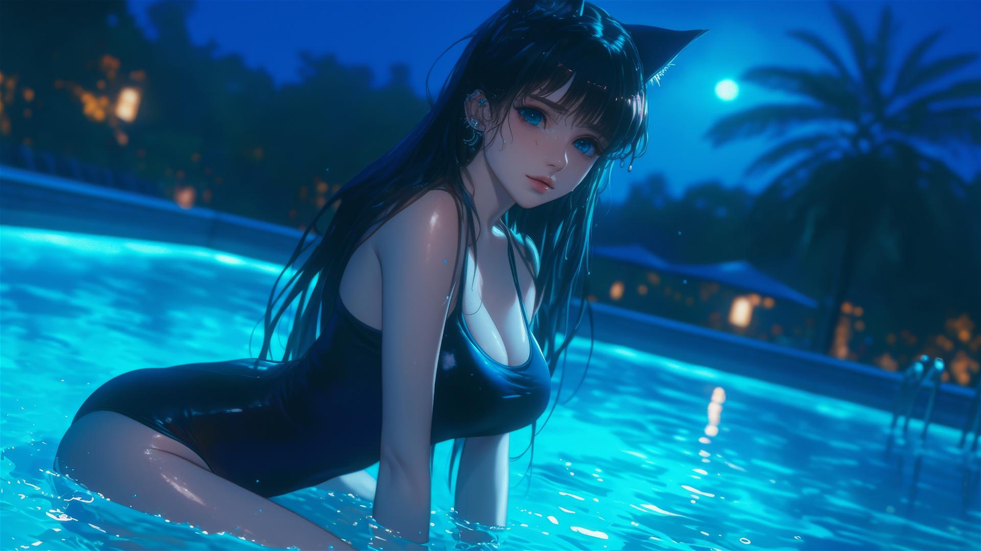 Kawaii cat girl resting by a rainy pool under moonlight.