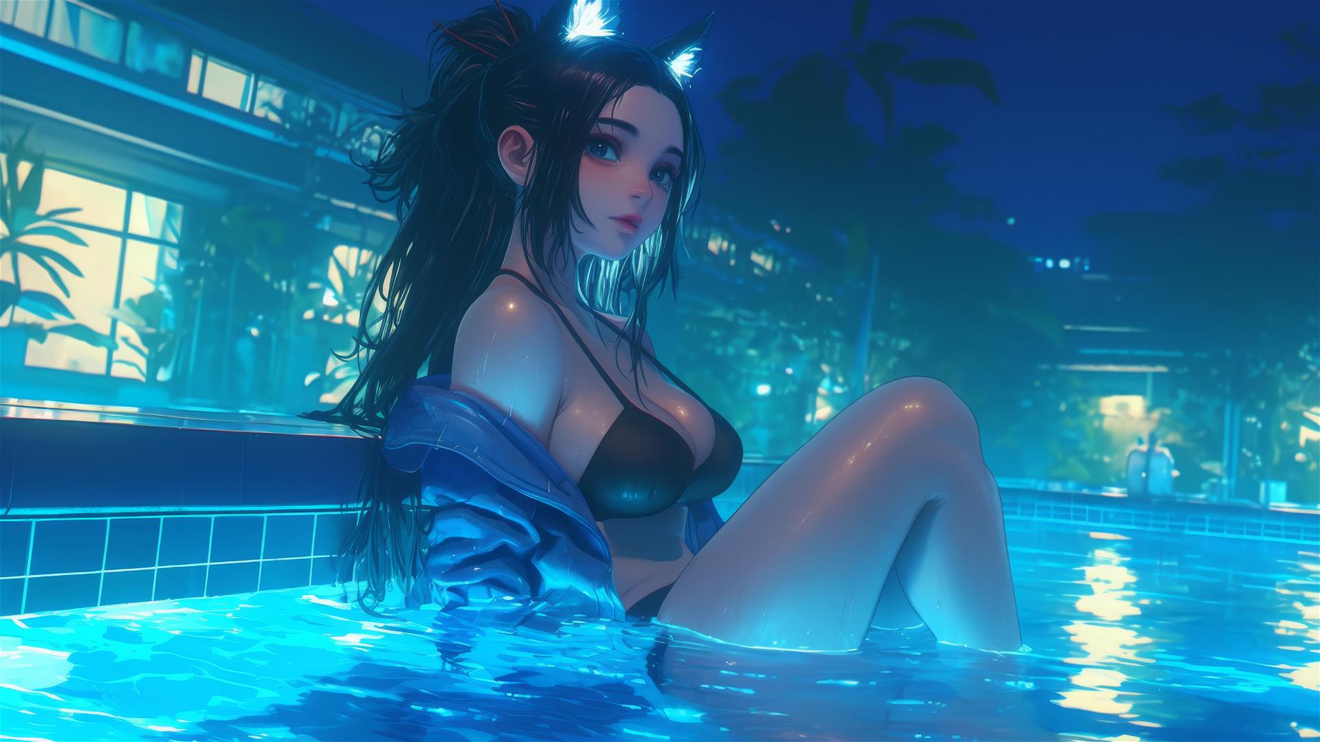 Kawaii cat girl resting at a rainy pool with moonlight glow