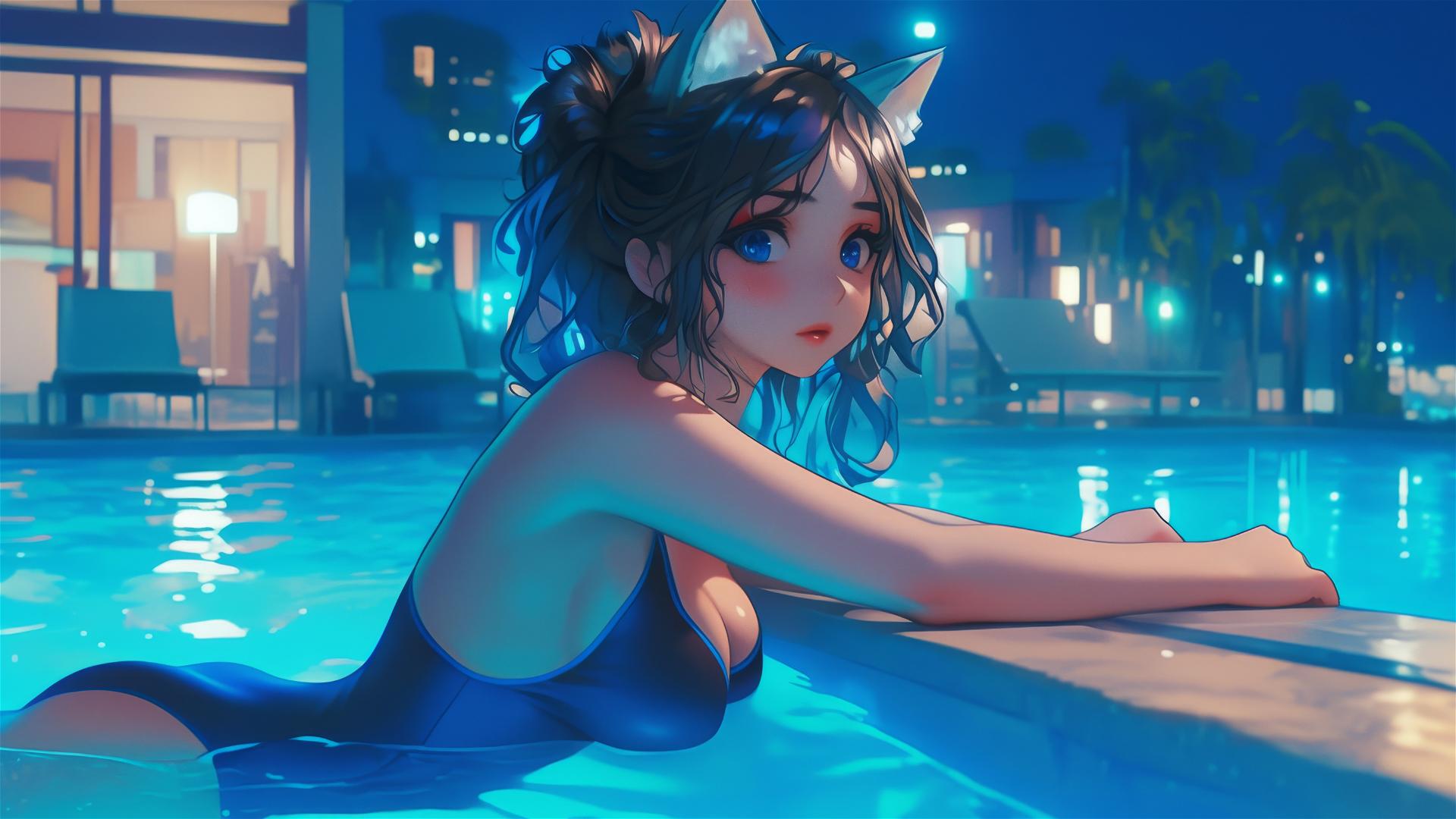 Kawaii cat girl resting at a rainy swimming pool illuminated by moonlight.
