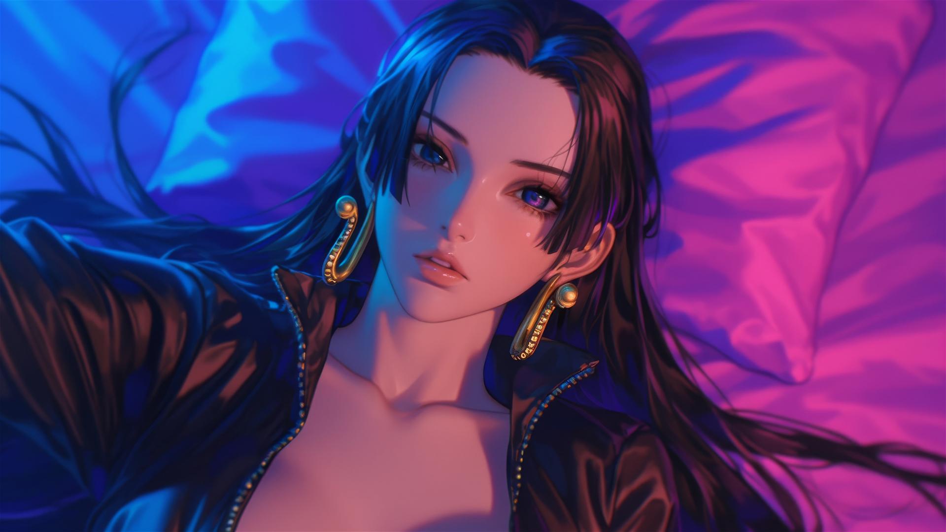 High angle of Boa Hancock from One Piece in bed, wearing black and pink leather, long hair, gold earrings, pink background, neon colors