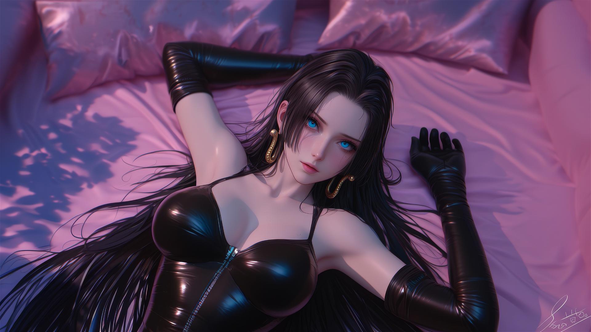 Boa Hancock from One Piece on a bed, in black and pink leather, neon colors, pink background