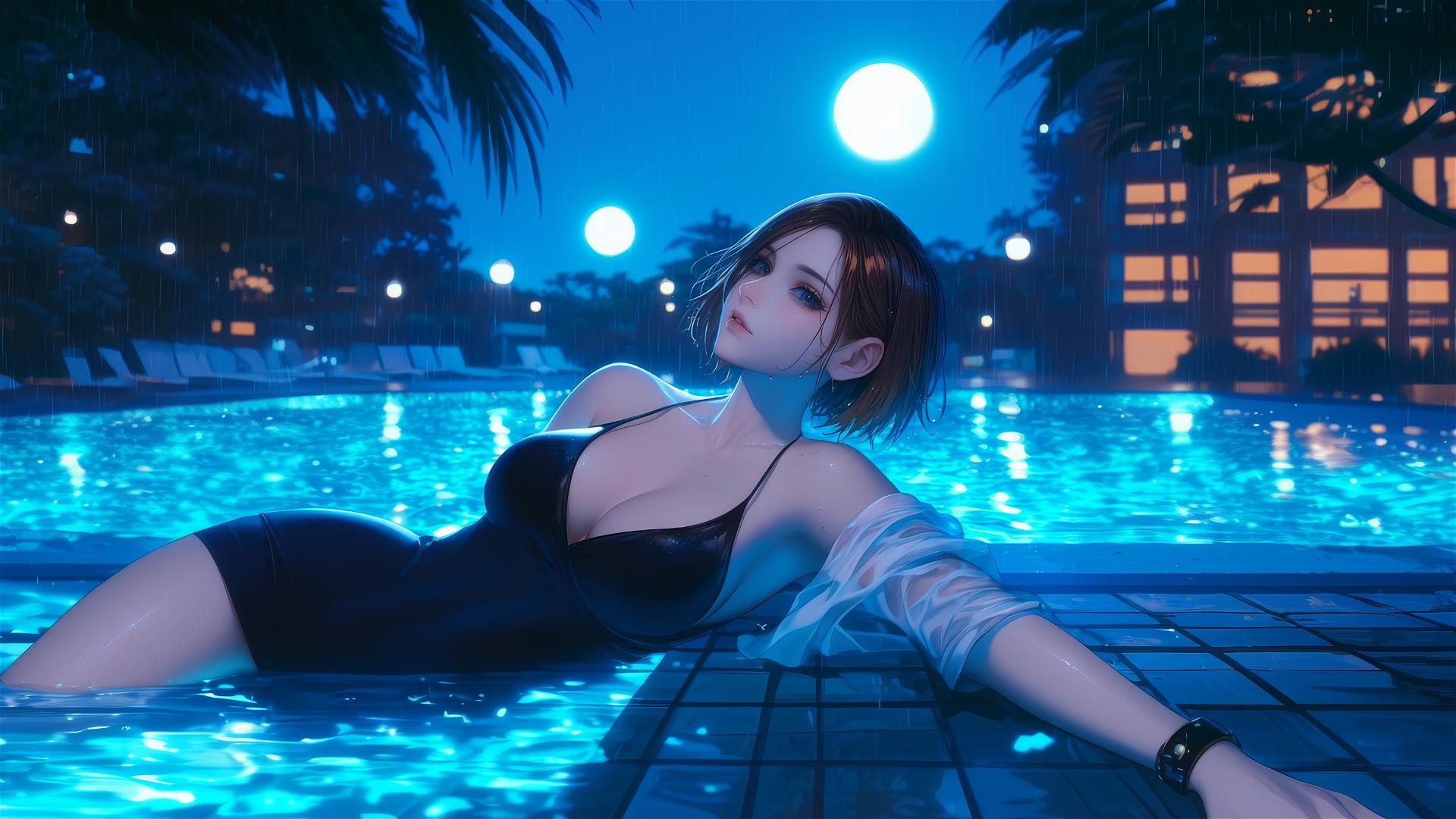 Nobara Kugisaki from Jujutsu Kaisen resting by a rainy swimming pool with moonlight