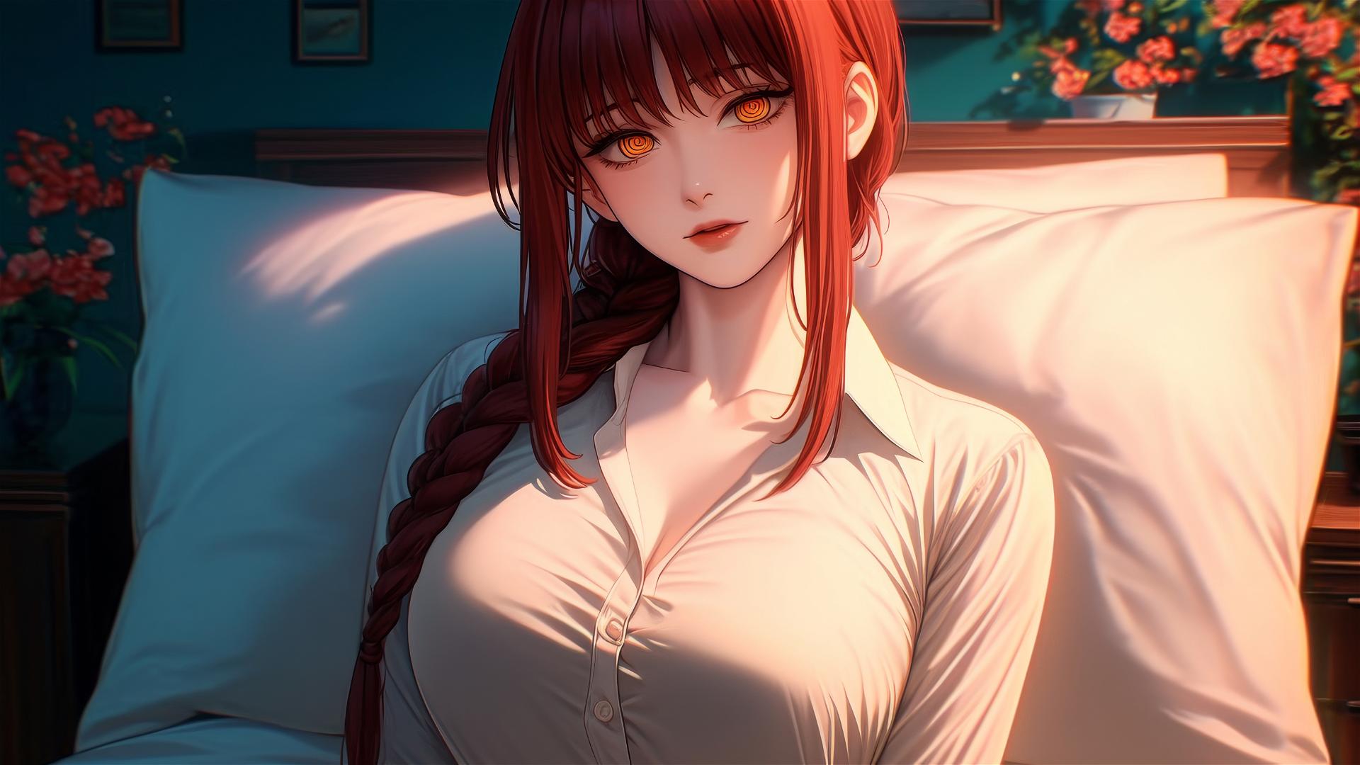 High angle view of Makima from Chainsaw Man in bed with reddish hair
