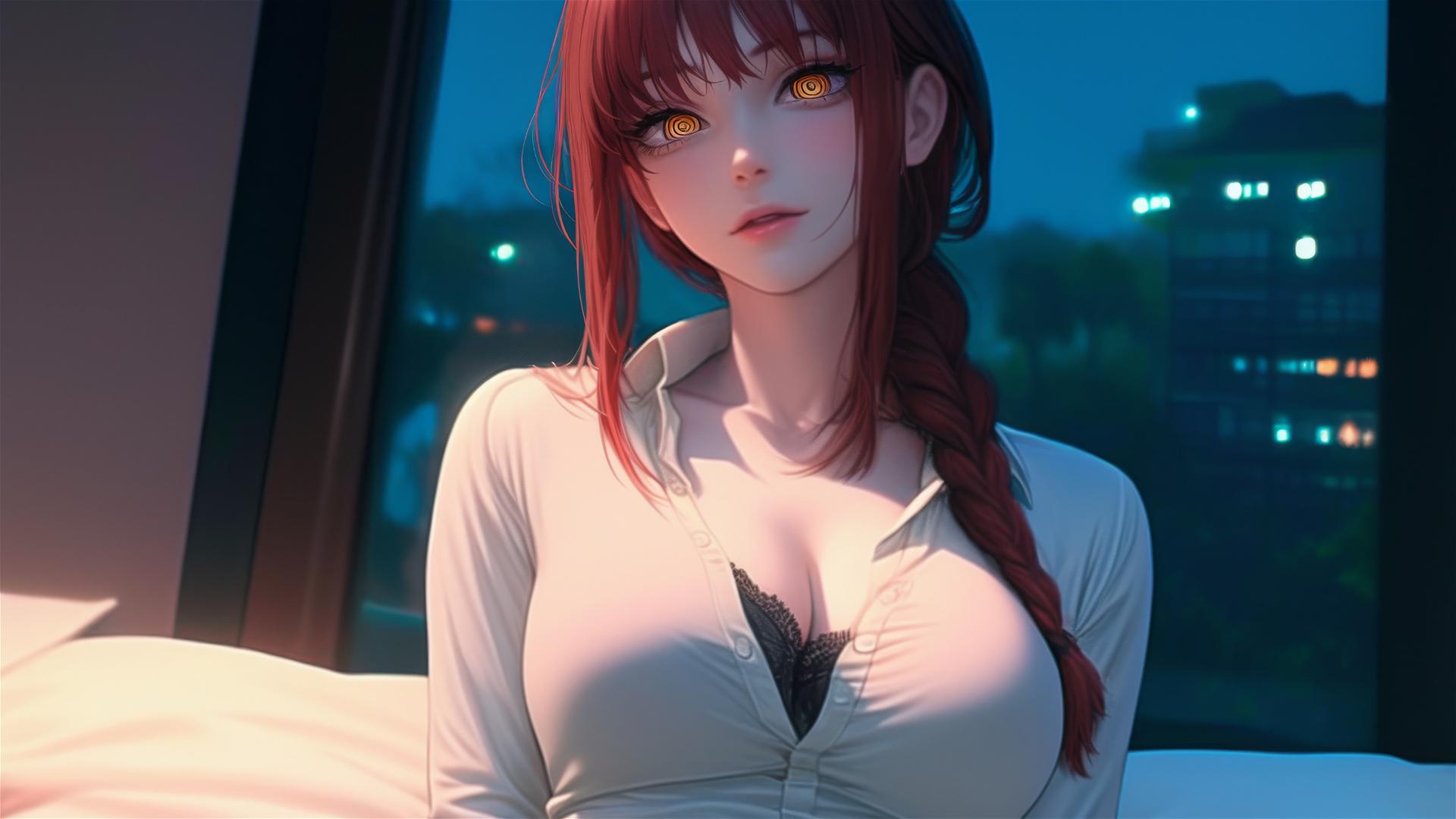High angle view of Makima from Chainsaw Man with reddish hair in bed