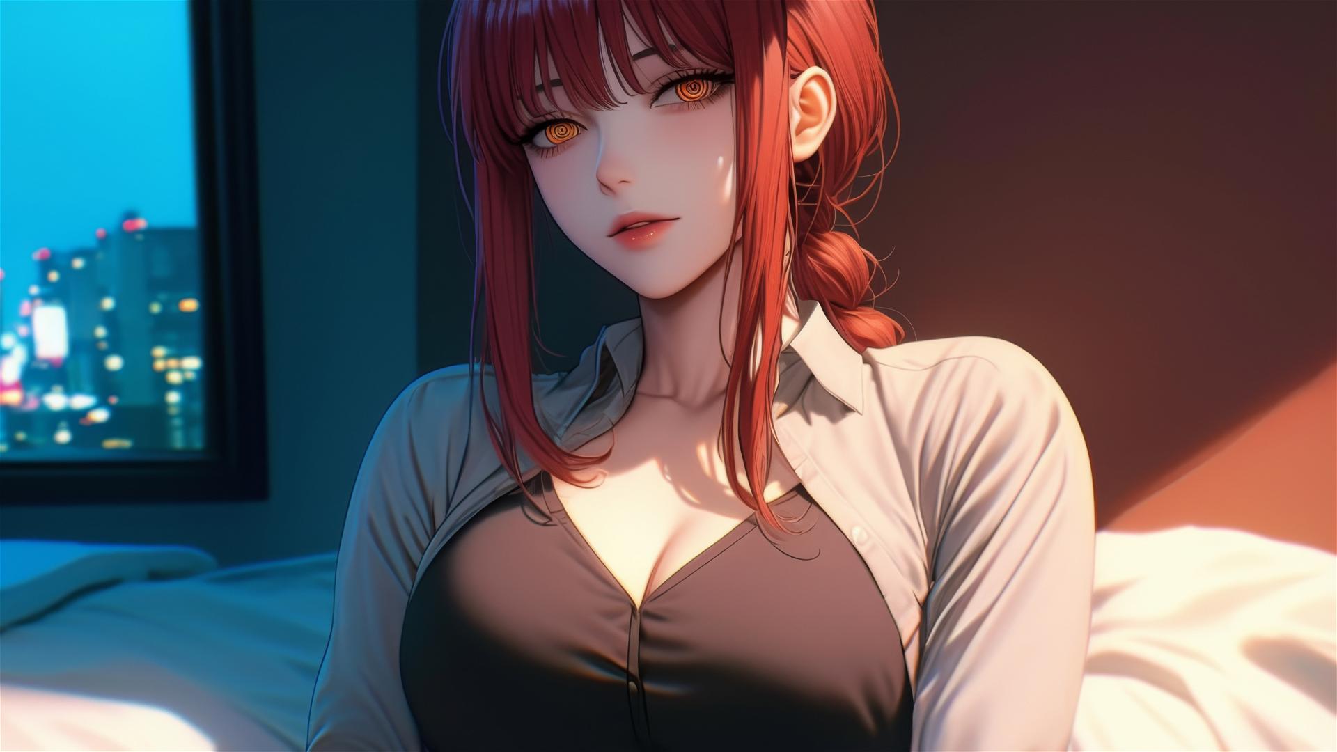 High angle view of Makima from Chainsaw Man in bed with reddish hair