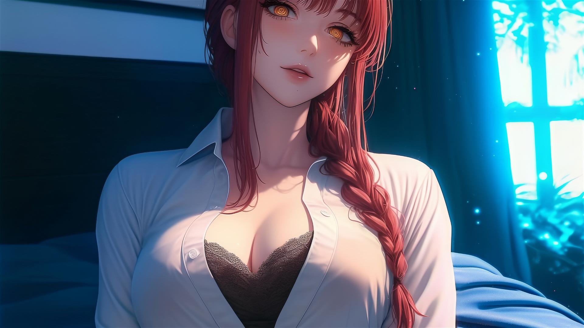 Makima from Chainsaw Man in bed wearing pajamas with reddish hair after swimming