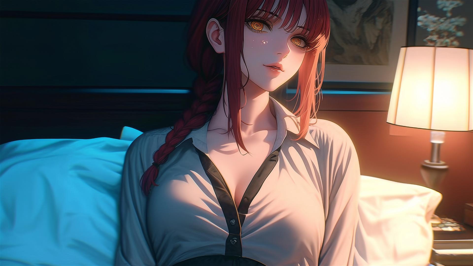 High angle of Makima from Chainsaw Man in bed, wearing pajamas, reddish hair