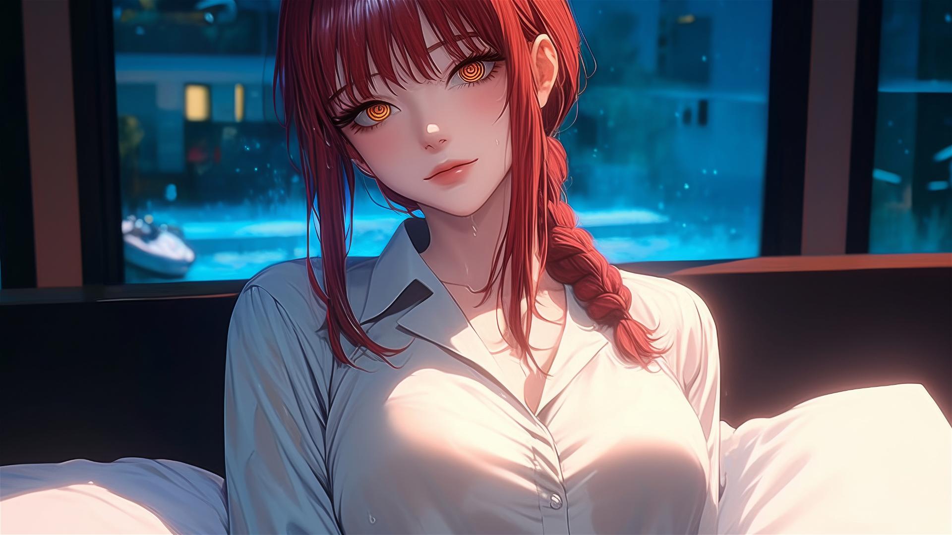 High angle of Makima from Chainsaw Man in bed wearing pajamas, reddish hair after swimming.