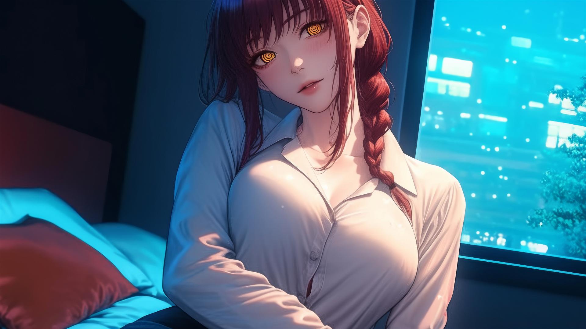 High angle of Makima from Chainsaw Man in bed wearing pajamas with reddish hair