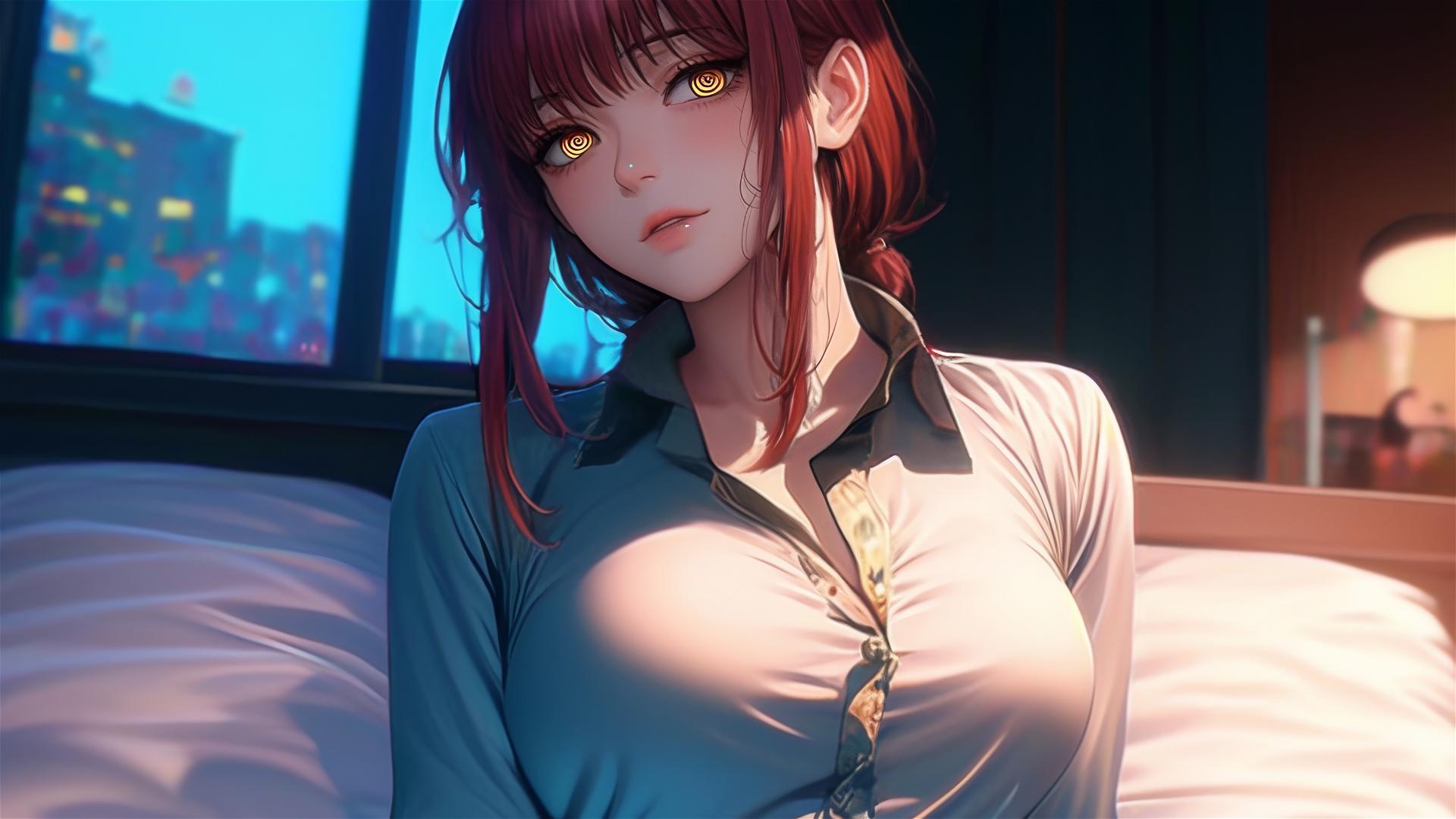 Makima from Chainsaw Man in bed with redish hair after swimming