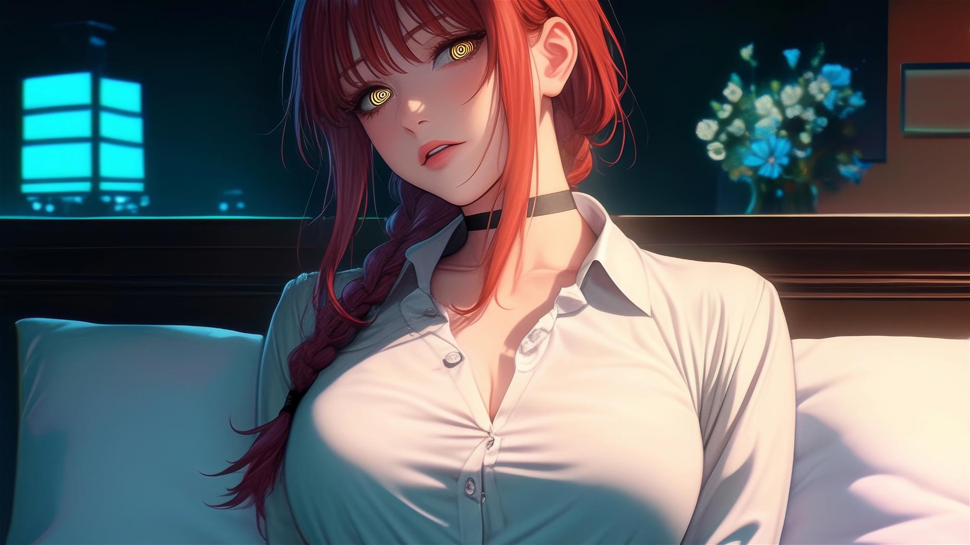 Makima from Chainsaw Man in bed with pajamas and reddish hair.