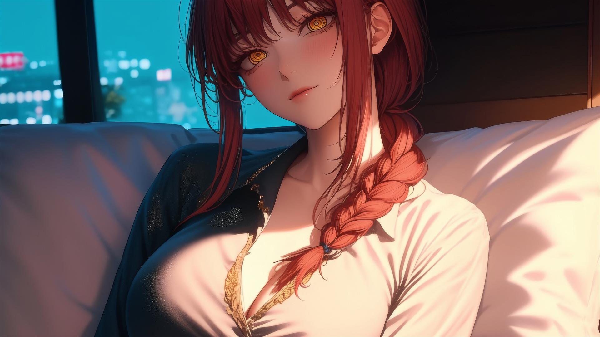Makima from Chainsaw Man in bed wearing pajamas with reddish hair