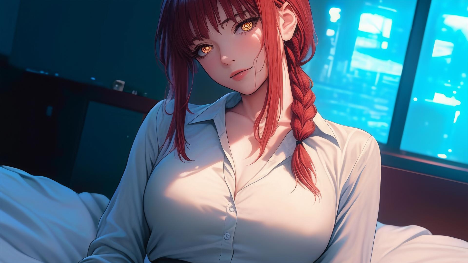 Makima from Chainsaw Man in bed wearing pajamas with reddish hair after swimming