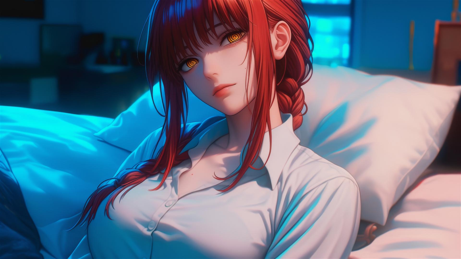 High angle view of Makima from Chainsaw Man in bed with reddish hair