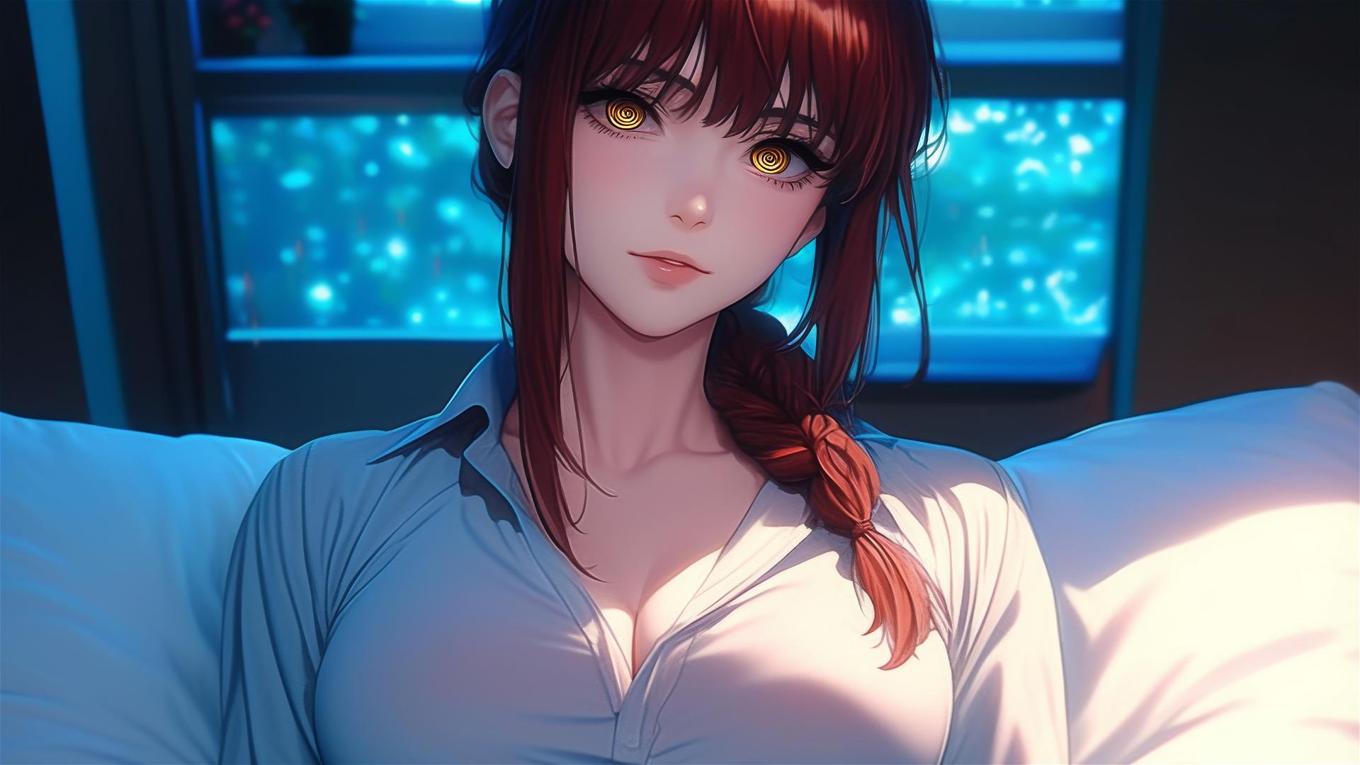 Makima from Chainsaw Man lying in bed with reddish hair