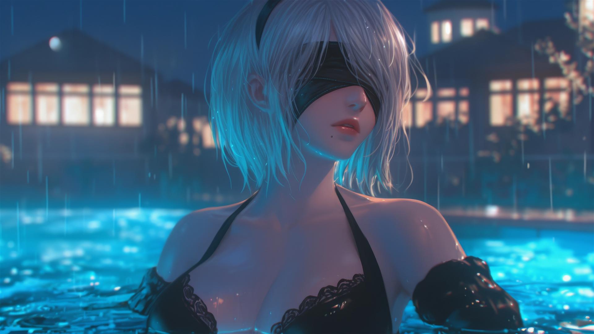 2B from Nier standing at a rainy swimming pool with moonlight casting a soft glow.
