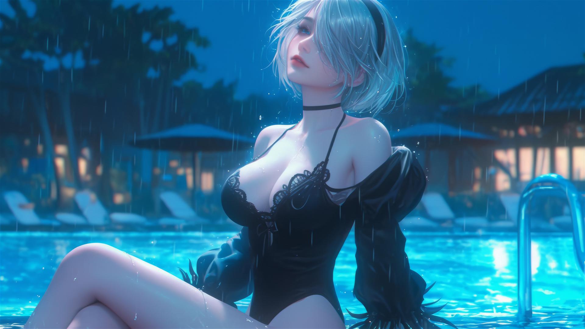 2B from Nier in casual attire, sitting relaxed by a rainy swimming pool at night.