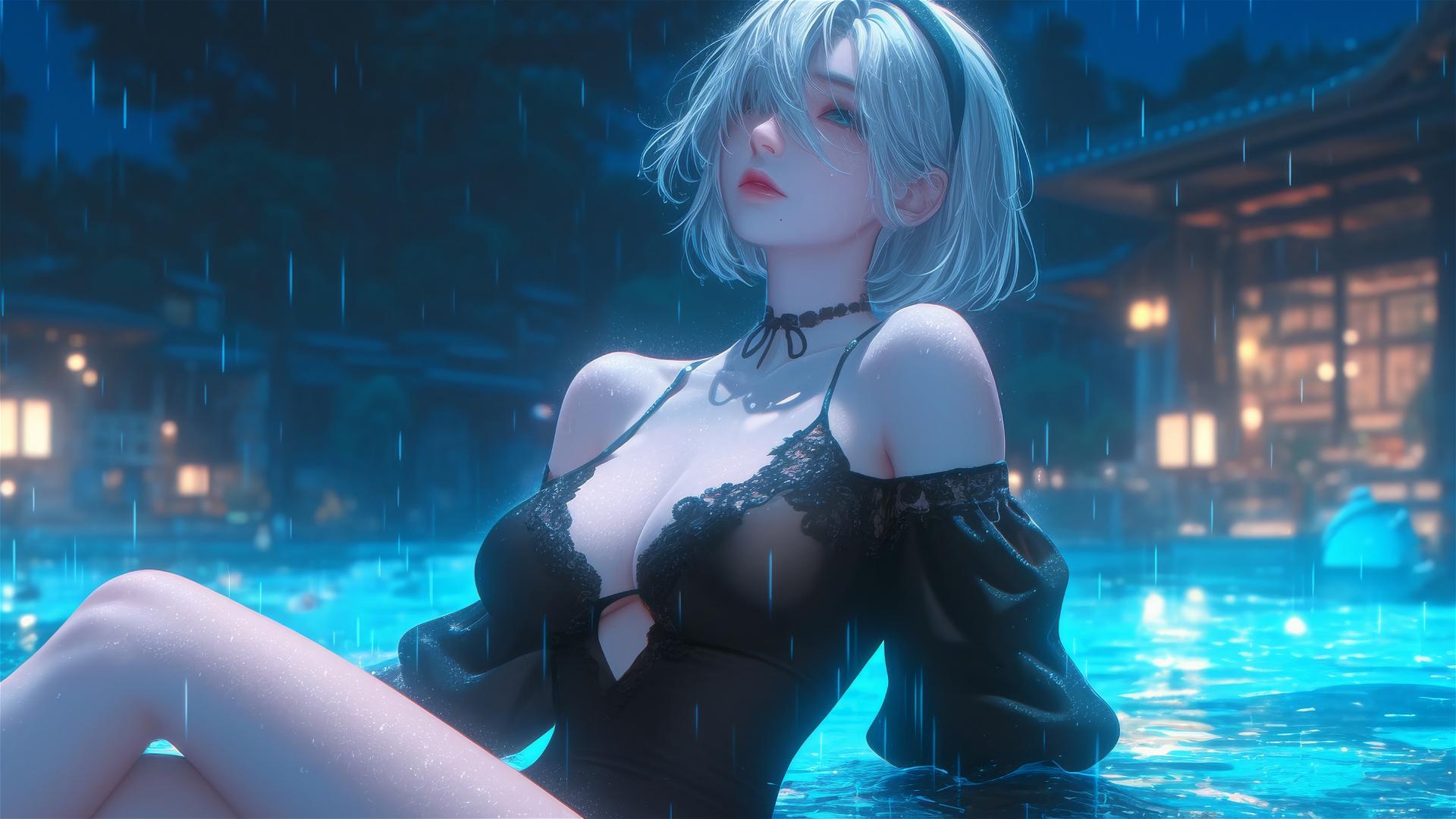 2B from Nier in casual attire sitting relaxed by a rainy swimming pool, moonlight glow.
