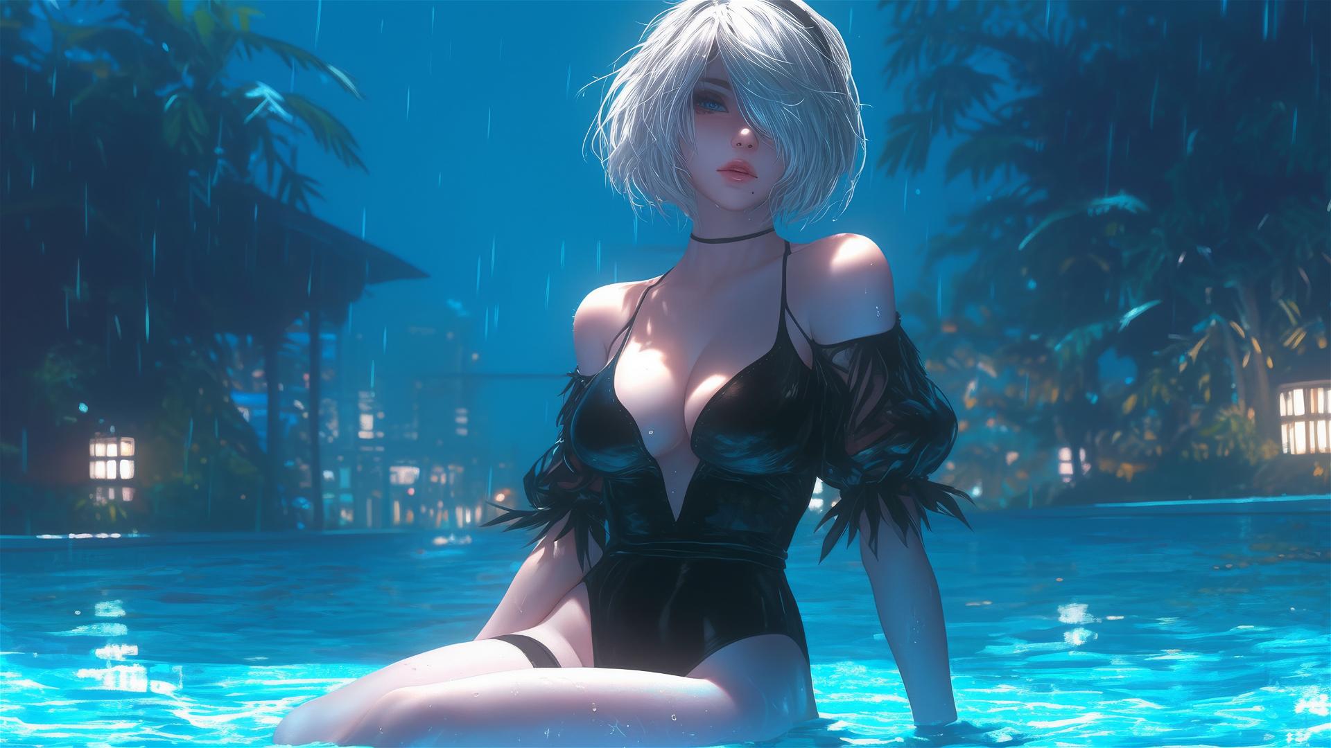 2B from Nier in casual attire, sitting by a rainy pool with moonlight glow
