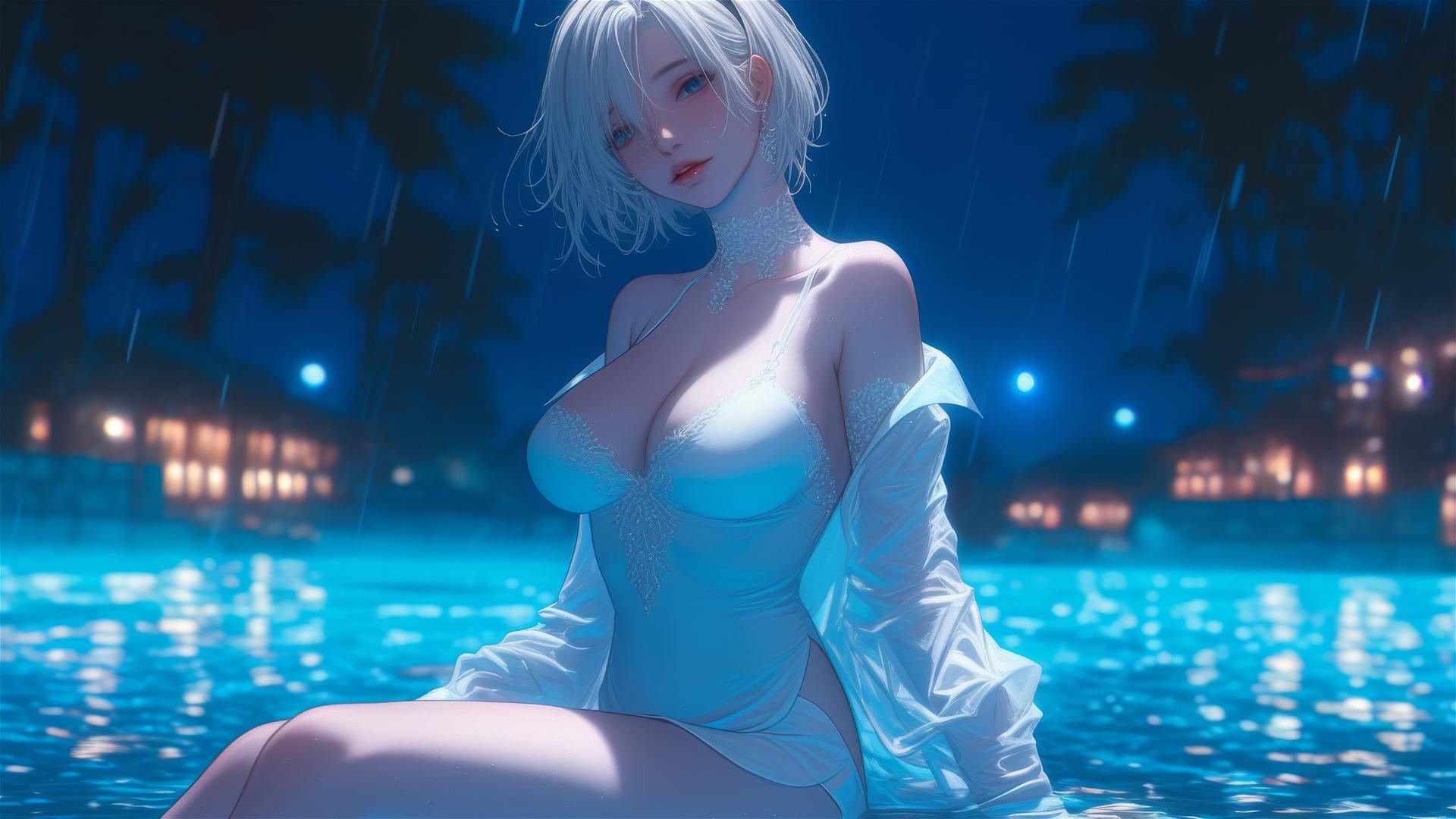 2B from Nier in casual white clothing sitting relaxed by a rainy pool under moonlight.