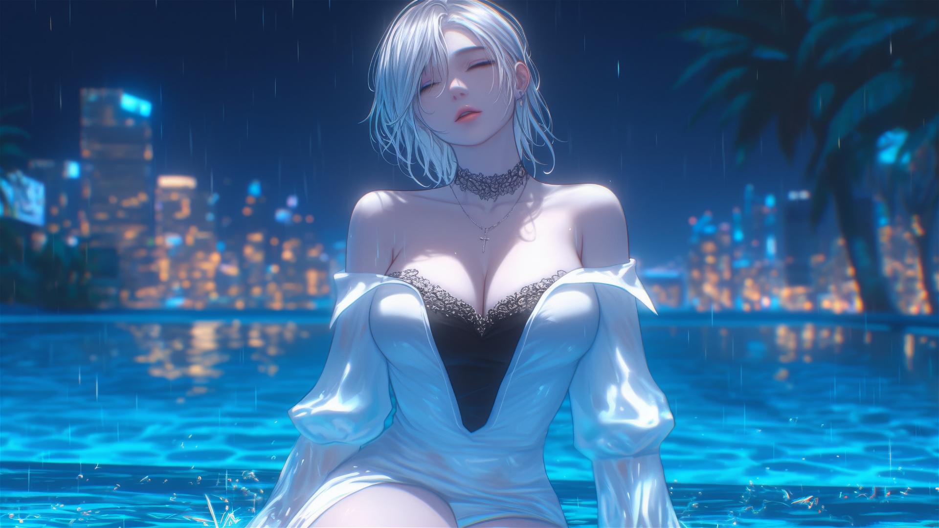 2B from Nier in white clothes, sitting relaxed by a rainy pool, moonlit.