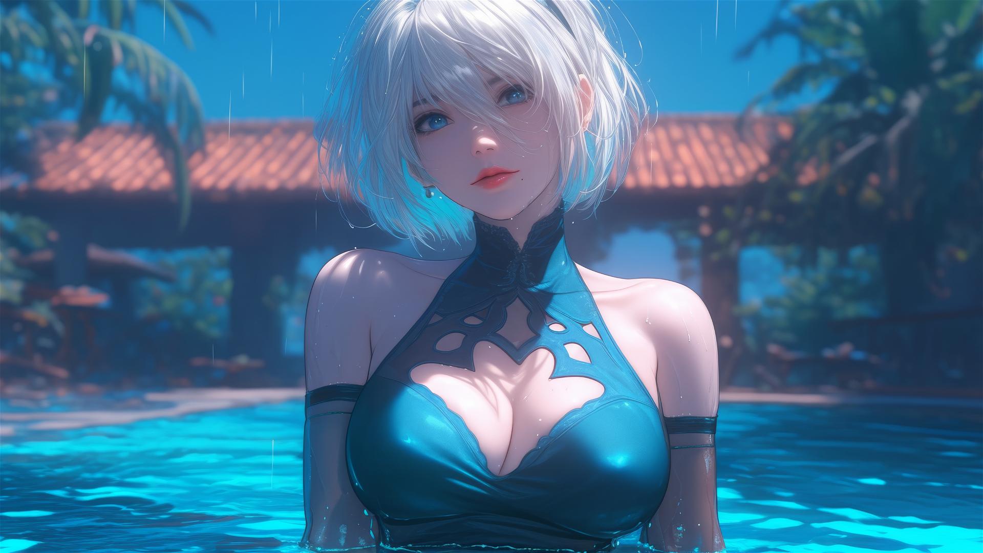 2B from Nier in casual attire at a rainy pool under moonlight