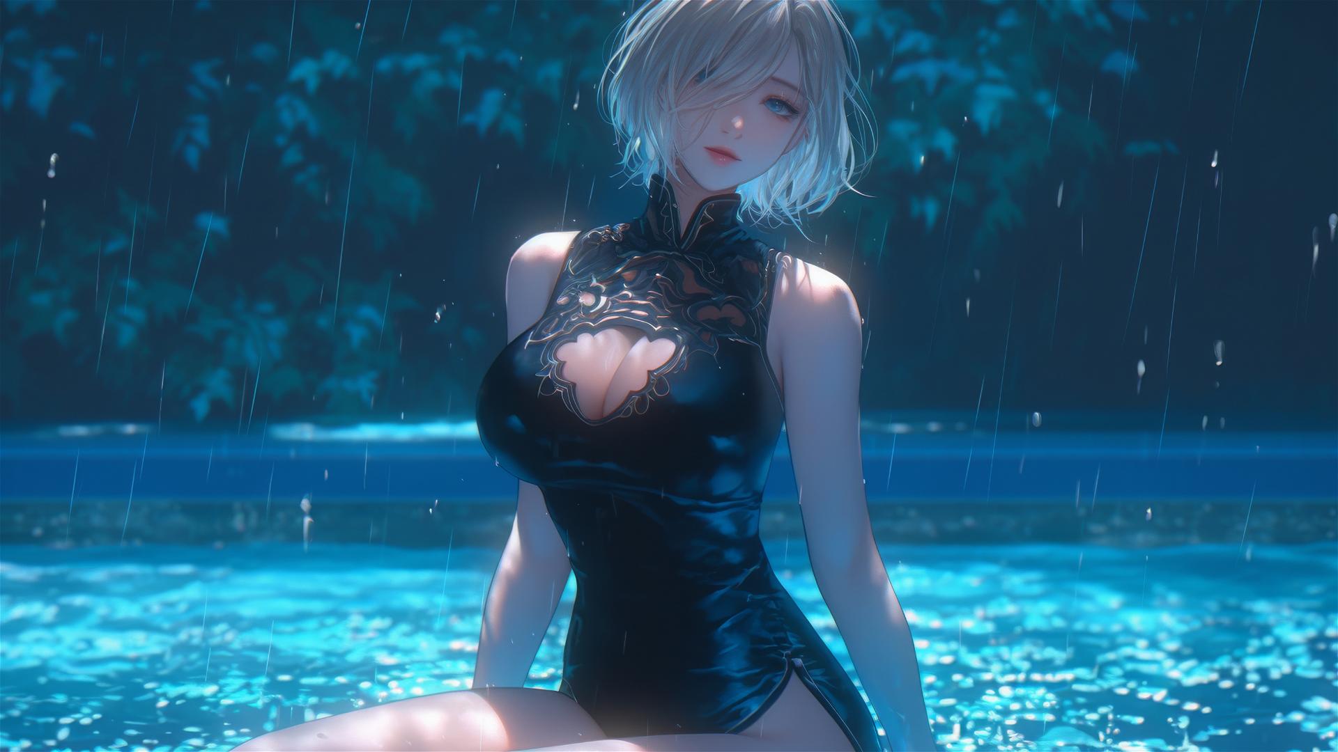 2B from Nier in casual attire sitting relaxed by a rainy swimming pool with moonlight