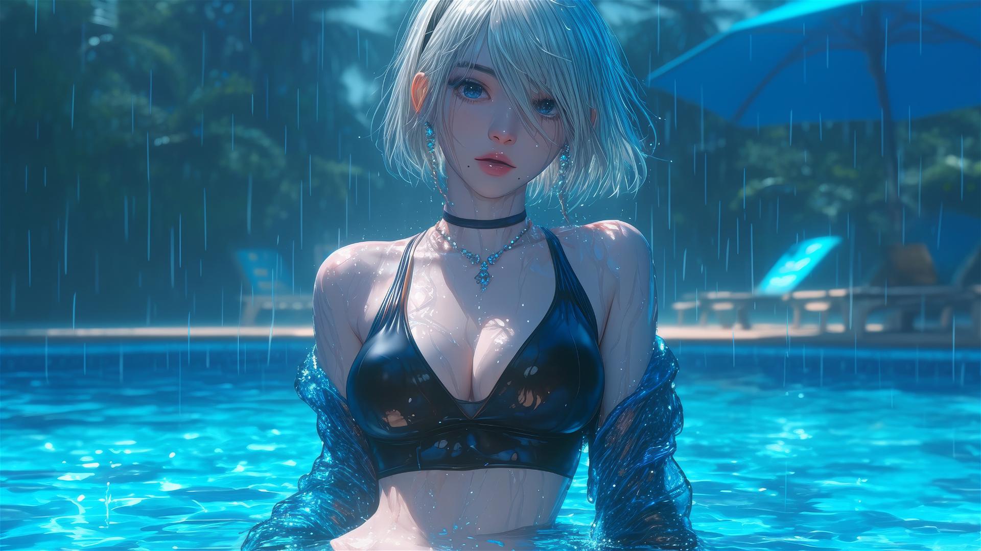 2B in casual attire sitting by a rainy swimming pool under moonlight.