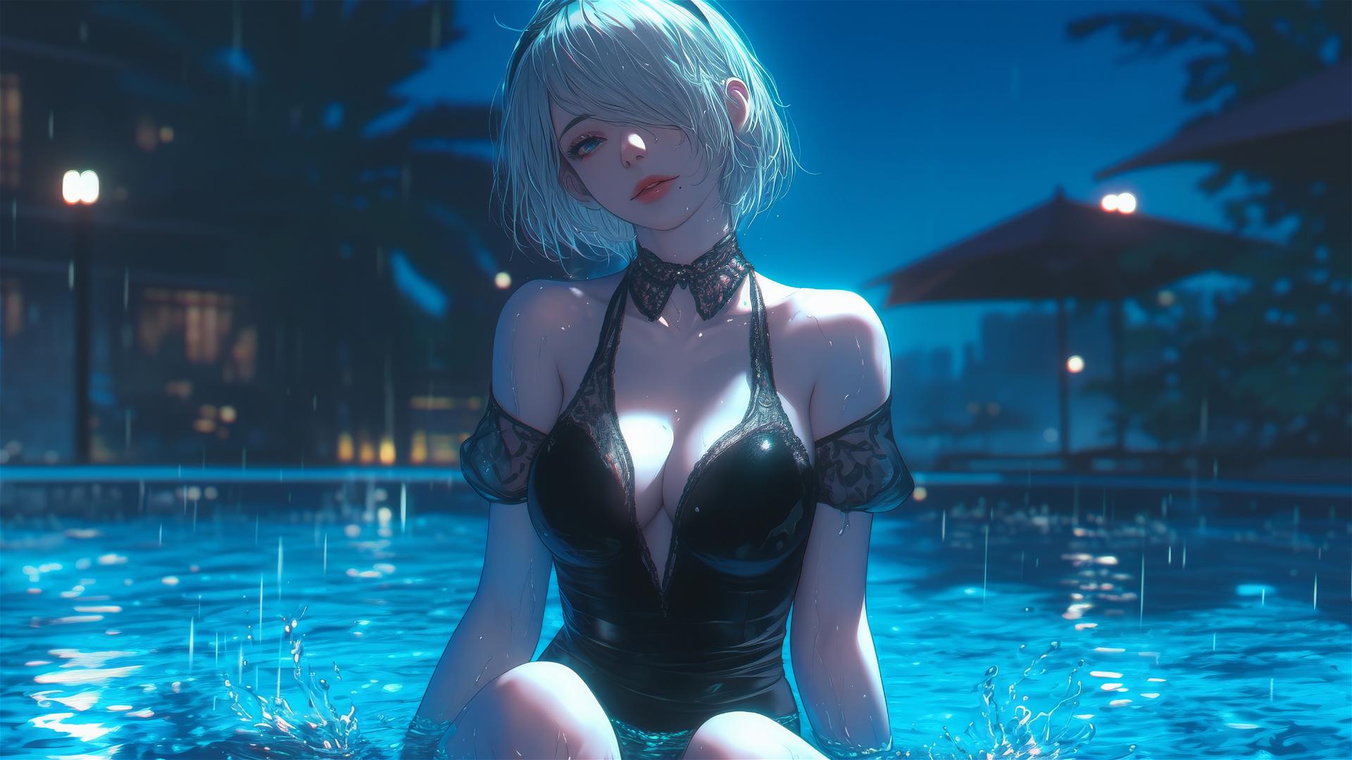 2B from Nier in casual attire, sitting relaxed by a rainy pool under moonlight.