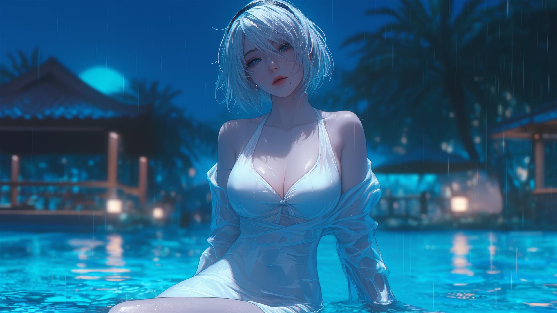2B from Nier, dressed in white, resting at a rainy pool under moonlight with short hair