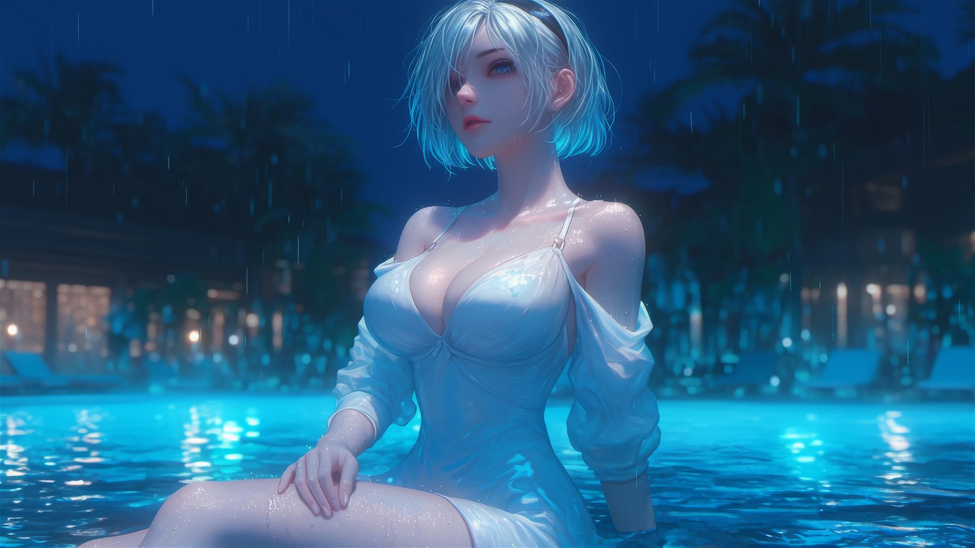 2B from Nier in white outfit, sitting relaxed by rainy pool, moonlight glow