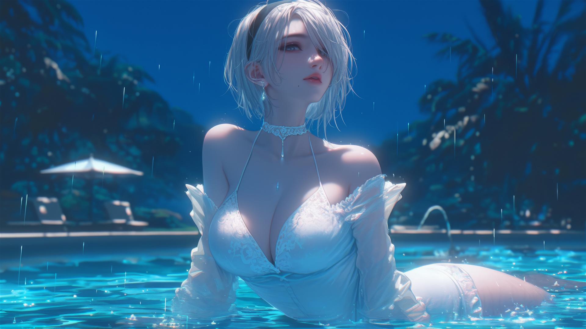 2B from Nier in white attire, sitting relaxed by a rainy swimming pool with moonlight glow