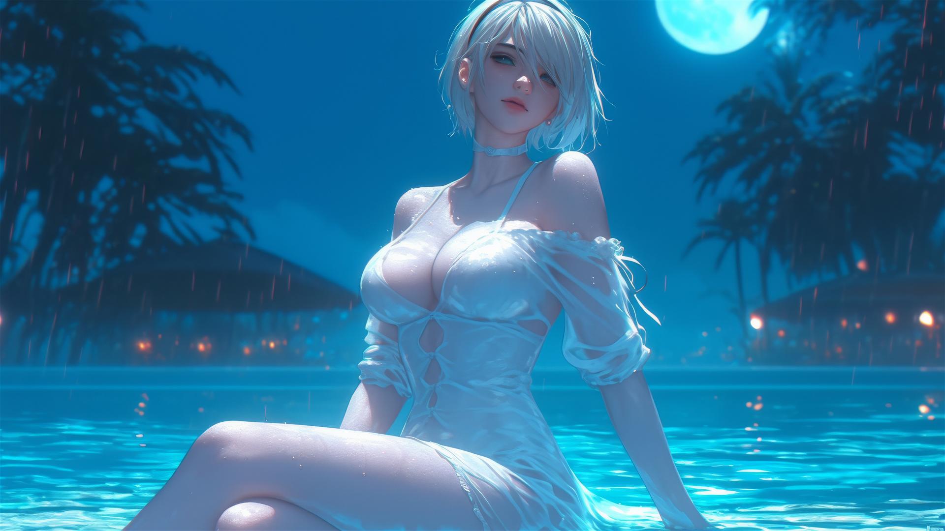 2B from Nier in white, sitting relaxed by a rainy pool under moonlight.