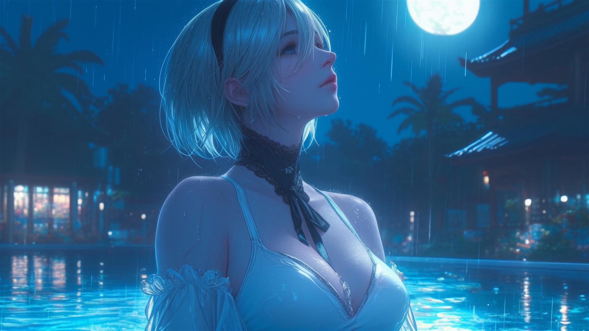 2B from Nier in white attire sitting leisurely by a rainy pool under moonlight