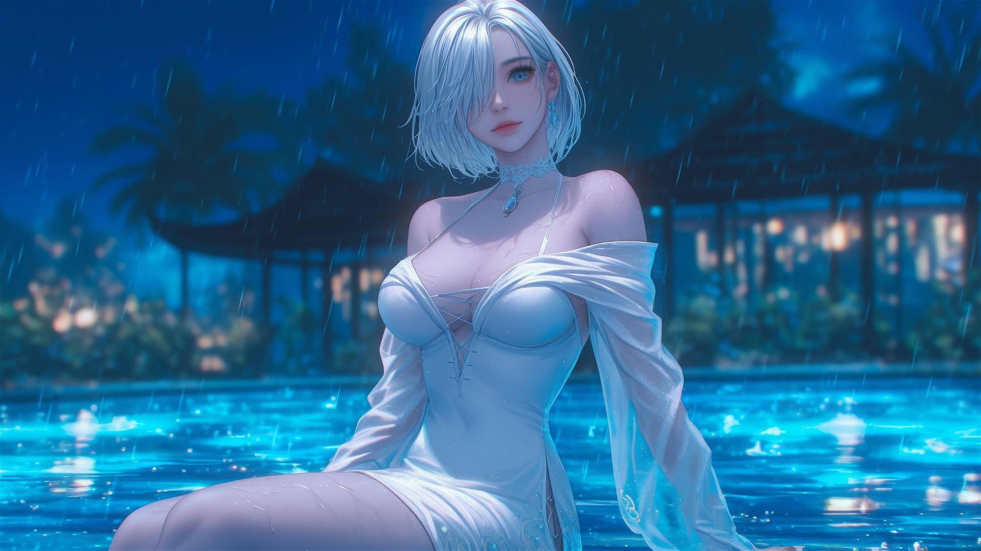 2B from Nier in white, resting by a rainy pool under moonlight