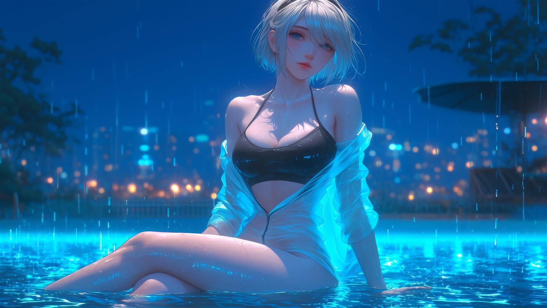 2B from Nier in pink, sitting relaxed by a rainy swimming pool under moonlight.