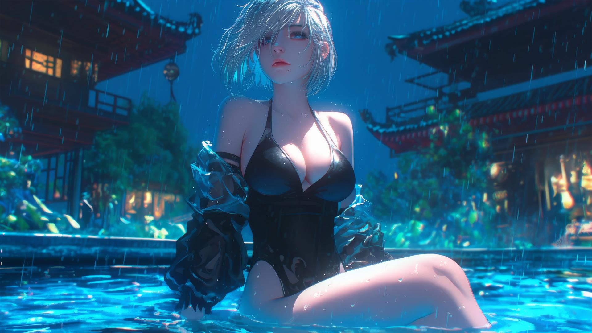 2B from Nier in pink, sitting relaxed by a rainy swimming pool under moonlight with short hair