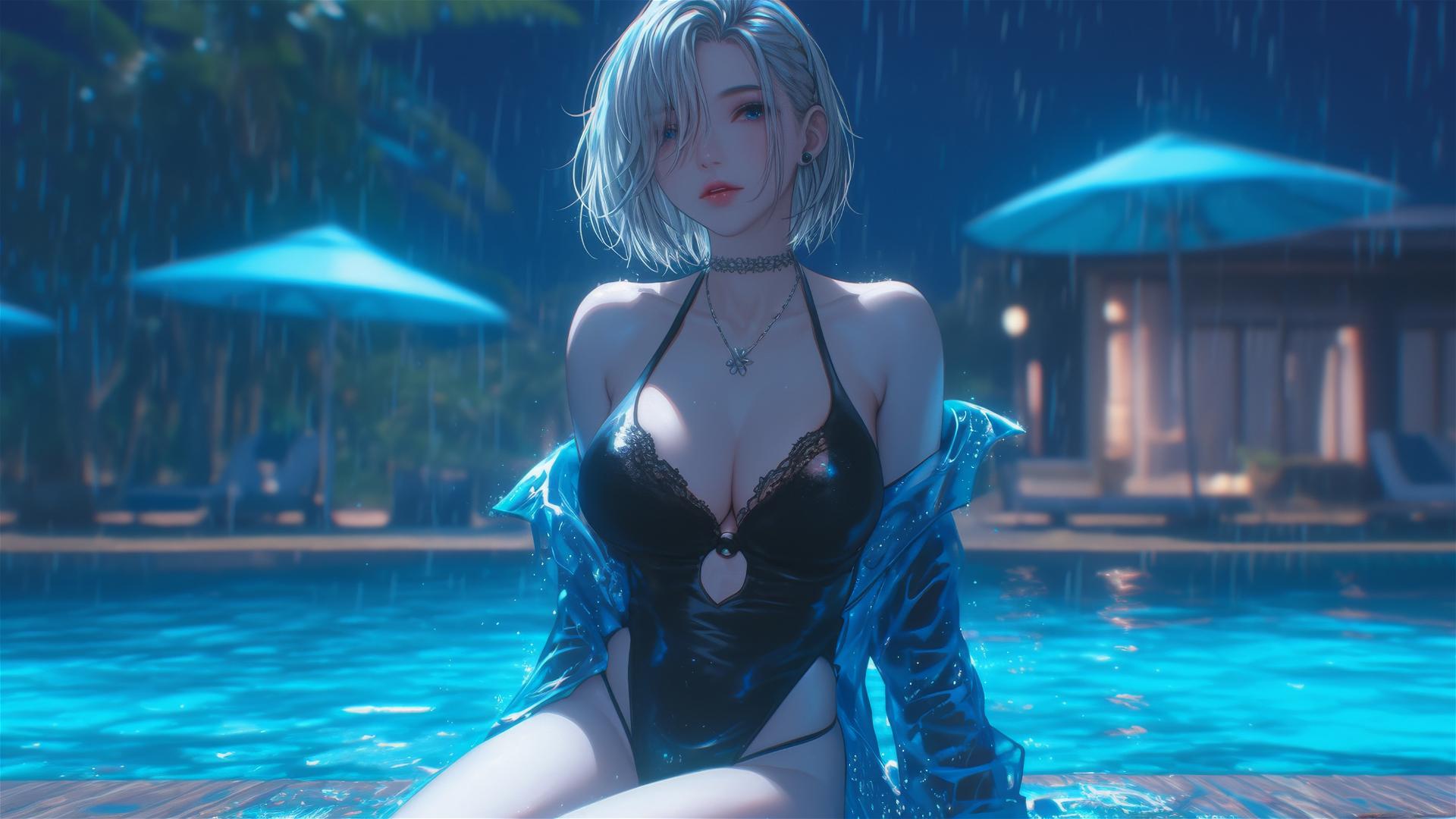2B from Nier in casual attire, relaxed, sitting by a rainy swimming pool with moonlight glow