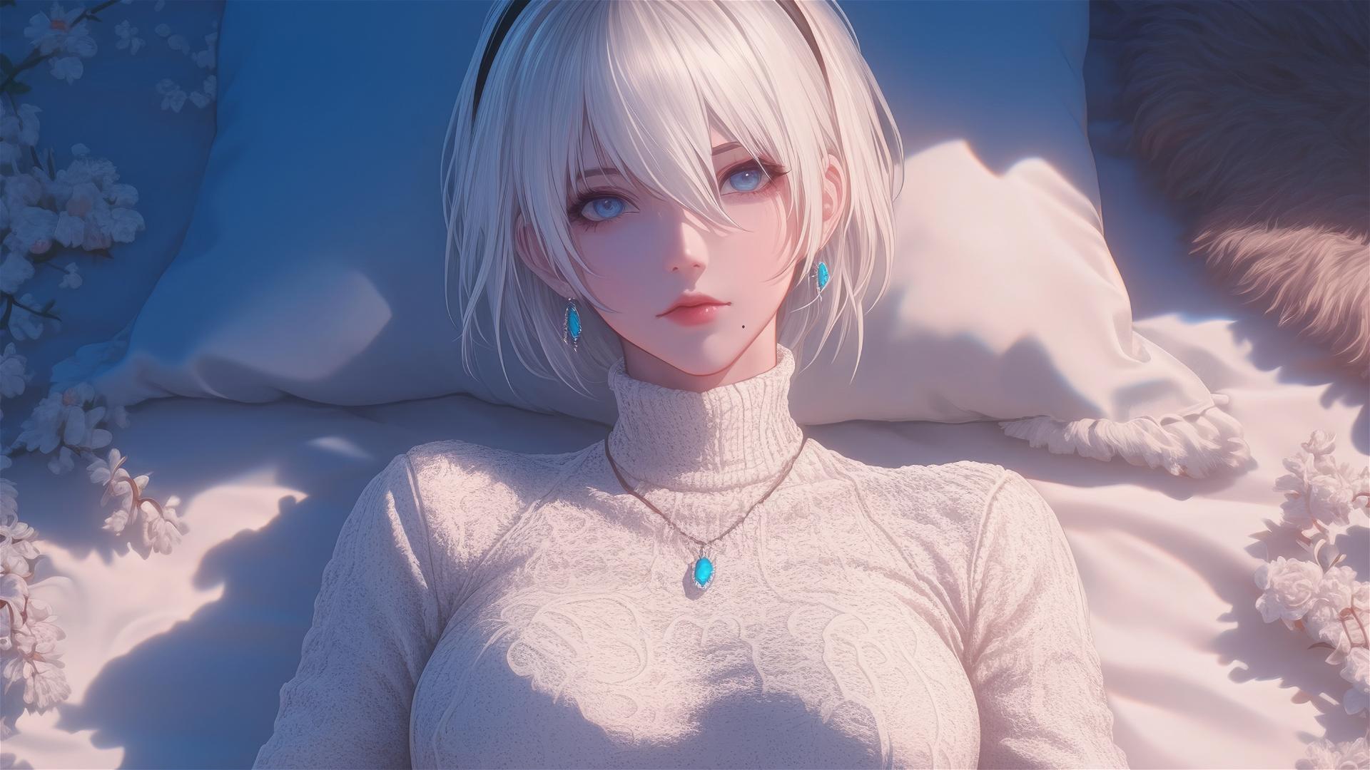 High angle view of 2B from Nier in bed, relaxed posture, short hair.