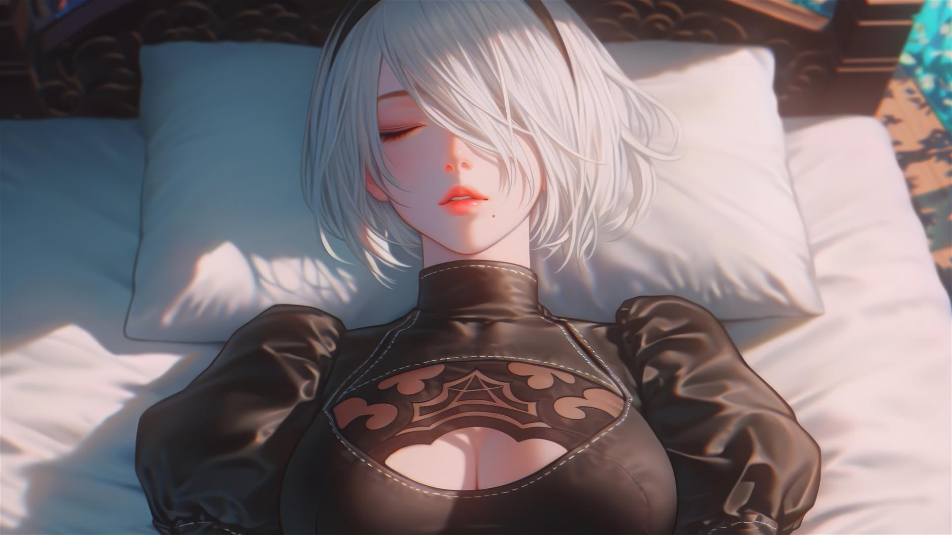 high angle view of 2B from Nier in bed, relaxed posture, short hair