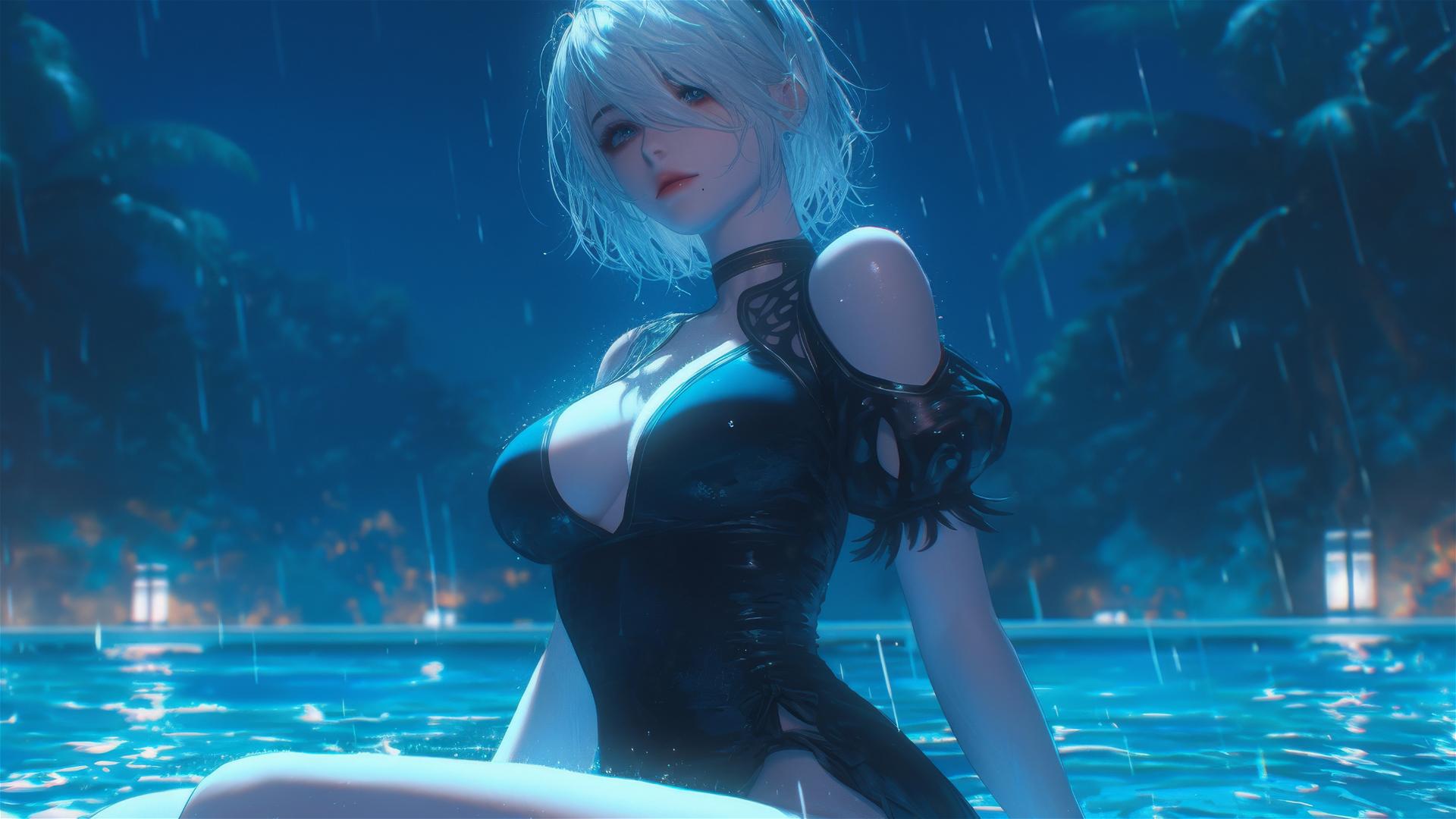 2B from Nier relaxing at a rainy pool under moonlight