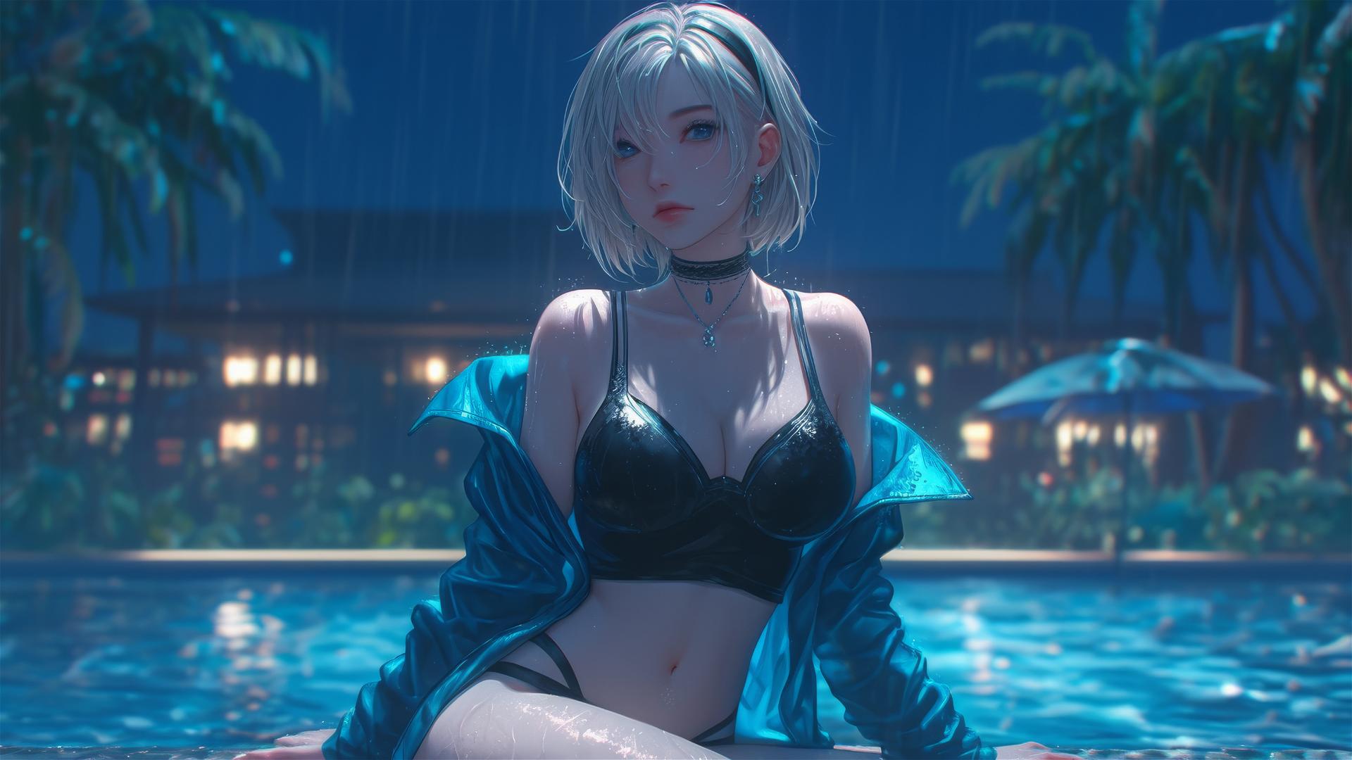 2B from Nier in casual attire sits relaxed by a rainy swimming pool under moonlight.