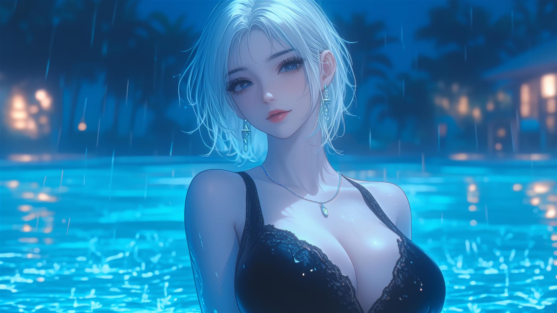 2B from Nier sitting relaxed by a rainy swimming pool with moonlight glow