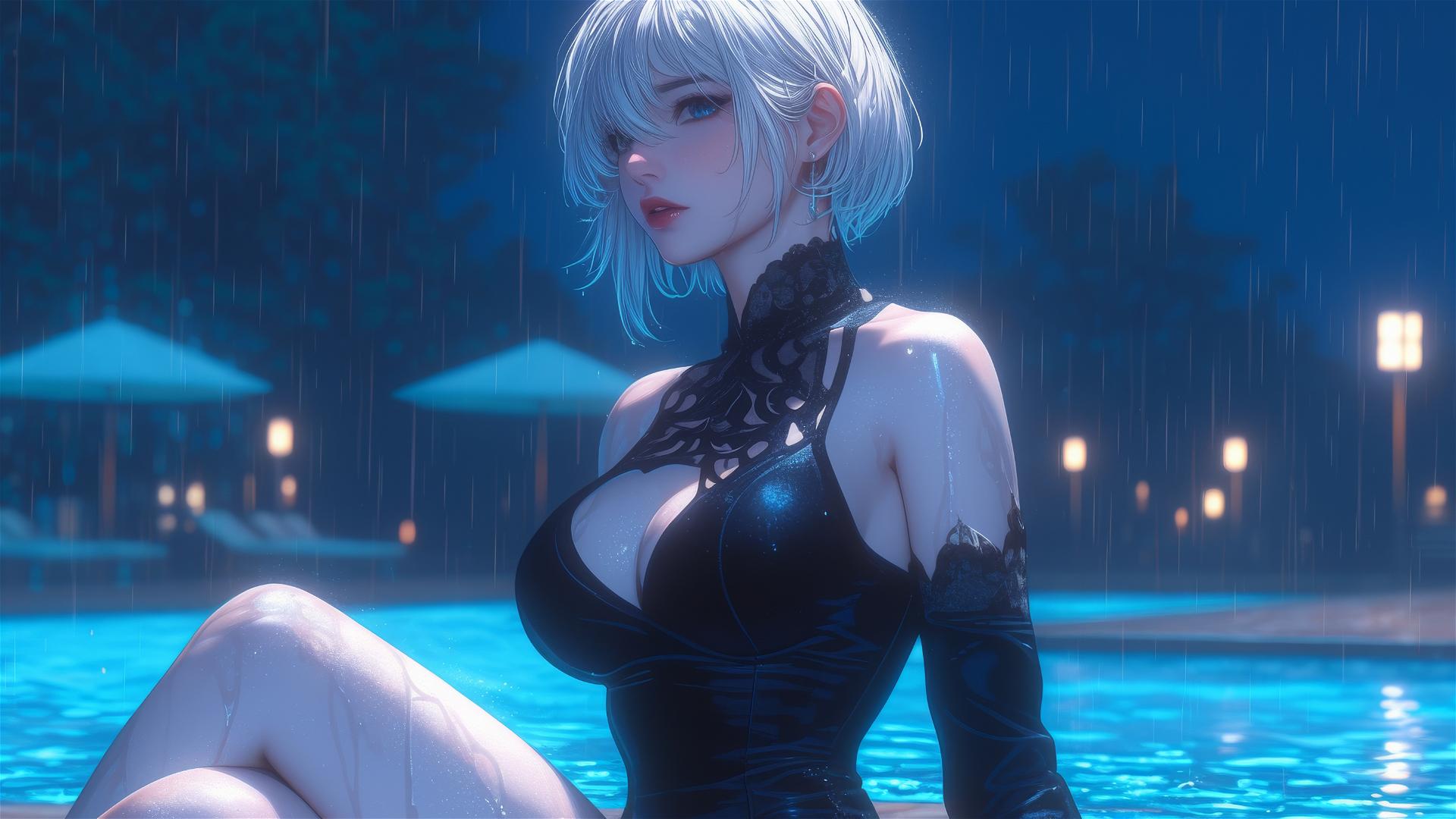 2B from Nier in casual clothes relaxing at rainy pool under moonlight